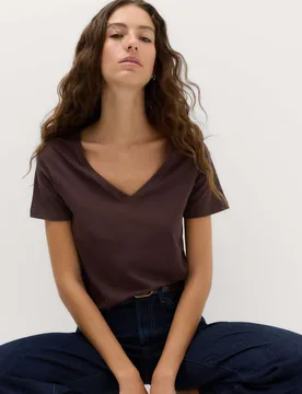 Pure Cotton V-Neck T-Shirt Dark Chocolate female - M&S - FashionsVida