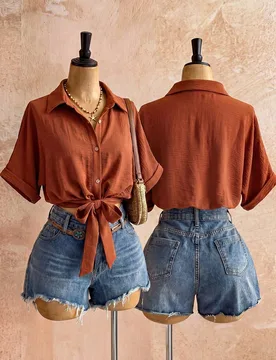 Blusa holgada para mujer, camisa corta con hombros caídos y lazo en la cintura, para verano M - Shein - FashionsVida