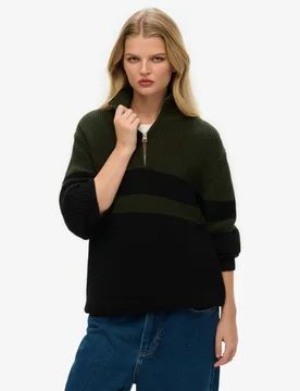 Superdry Damen Klassischer OverGrößed Half-zip Baumwollpullover mit Streifen Green - Größe: XL - 94.99 - FashionsVida