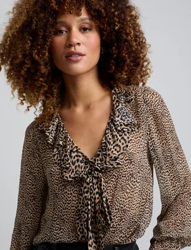 Joni Ruffle Neck Leopard Print Blouse In Brown - 8 - Lily and Lionel London Limited - FashionsVida