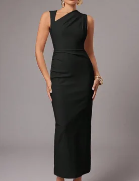 Vestido largo elegante de mujer de unicolor con cuello asimétrico, manga sin mangas y fruncido ajustado XS - Shein - FashionsVida