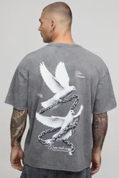Herren Säuregewaschenes Anthrazit Übergroßes Tauben-Grafik Oberteil Washed Charcoal Größe Medium
