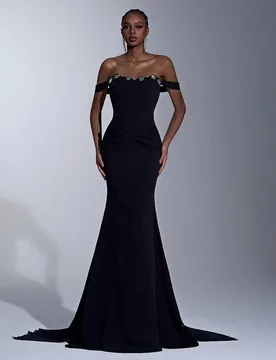 Elegante vestido formal para cena de gala, negro de alta gama, asimétrico, sin tirantes, con escote adornado con cuentas, cintura basca, plisado y ba - Shein - FashionsVida