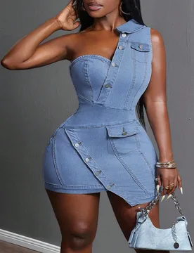 Vestido corto de mezclilla asimétrico para mujer de talla grande 0XL - Shein - FashionsVida