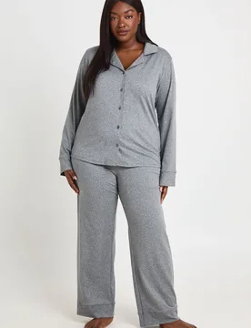 Womens Plus Soft Touch Button Through Shirt And Trouser Pyjama Set - Charcoal - Size 24 Uk - Boohoo - FashionsVida