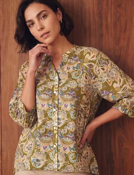 Women's Floral Print Notch Neck Blouse in Green Size: 10 - Green - Size: 10 - Roman - FashionsVida
