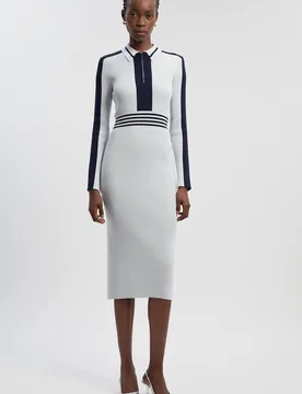 Women's Rib Knit Polo Zip Up Midi Dress in Pale Blue Size: Small - Pale Blue - Size: S - Karen millen - FashionsVida