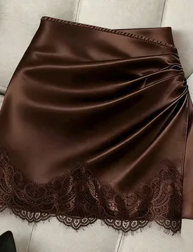 Falda de satén asimétrica de moda nueva, elegante vintage francés, satén marrón con patchwork floral, falda casual de moda, nueva primavera tempr - Shein - FashionsVida