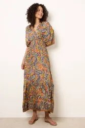 Women's Shirred Waist Multi Three Quarter Sleeve Slip On V-neck Maxi Dress Size: Small/Medium - Multicolor - Size: S/M