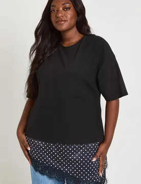 Womens Plus Polka Dot Lace Satin Asymmetric Hem T-Shirt - Black - Size 16 Uk - Boohoo - FashionsVida