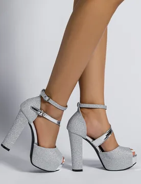 Sandalias de mujer con purpurina metálica, punta abierta, suela gruesa y tacón ancho con correa de tobillo con hebilla, tacones súper altos para fi - Shein - FashionsVida