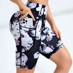 Short deportivo de mujer con estampado floral y bolsillos, tipo pantalón corto de ciclista