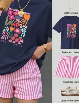 Conjunto de top suelto de manga corta con estampado Be Stil & Know y shorts a rayas para mujer, top de verano, ropa casual para mujer, ropa elegante p - Shein - FashionsVida