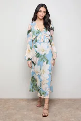 Women's Printed Pleated Bodice Detail Midi Dress in Blue Size: 8 - Blue - Size: 8