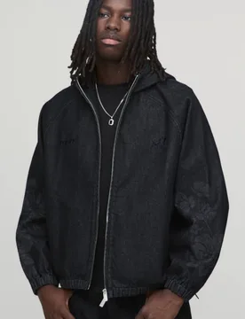 Herren Denim-Hoodie Sweatshirt Mit Blumen-Fußball-Stickerei Washed Black Größe Large - boohooMAN - FashionsVida