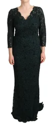 Womens Lace Dress Long Sleeve Vneck - Dark Green Cotton - Size Eu 40 (Womens)
