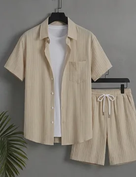 Conjunto de playa para hombre con camisa de manga corta de un solo pecho con bolsillo y textura versátil y pantalones cortos con bolsillo y cintura c - Shein - FashionsVida