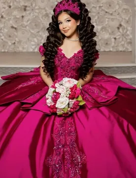 Rose pink Quinceanera Dress off-shoulder glitter decal 3D flower Long tail Bow vestidos de 15 Quinceanera ﻿Customize - Aliexpress - FashionsVida