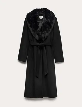 Collared Faux Fur Trim Single Breasted Coat Black female - M&S - FashionsVida