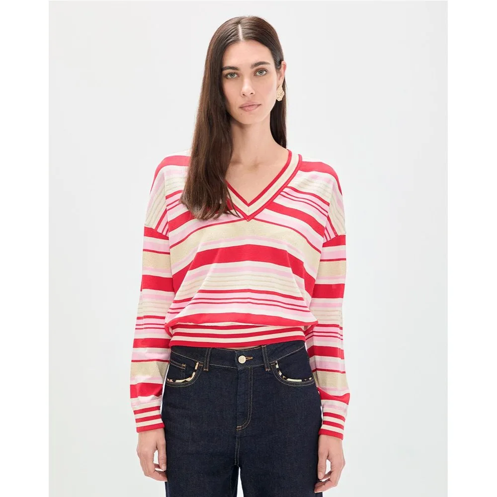 Jersey de mujer con cuello pico a rayas tricolor - Lola Casademunt - FashionsVida