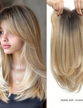 Peluca de 22 pulgadas con flequillo en capas, adecuada para mujeres con cabello fino - puntas ligeramente rizadas, hecha de fibra sintética, fácil d - Shein - FashionsVida