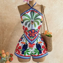 Mono de mujer con estampado de palmeras y cuello halter XS
