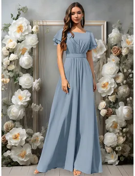 Elegante vestido de dama de honor azul claro, falda larga de gasa fluida, mangas cortas con volantes y diseño de cuello redondo drapeado. Boda primav - Shein - FashionsVida