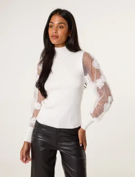 Turtle Neck Jumper With Mesh Polka Dot And Flower Detailed Sleeve - S / WHITE - female - Blue Vanilla - FashionsVida