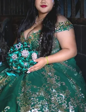 Shiny green Quinceanera Dress off-shoulder golden glitter crystal decal Long tail Bow vestidos de 15 Quinceanera ﻿Customize - Aliexpress - FashionsVida