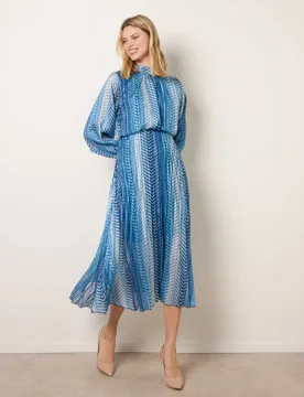 Zig Zag Metallic High Neck Puffball Pleated Dress - M / NAVY - female - Blue Vanilla - FashionsVida