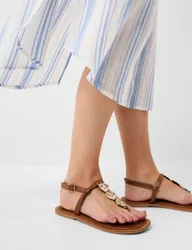 Embellished Flat Toe Thong Sandals Tan female