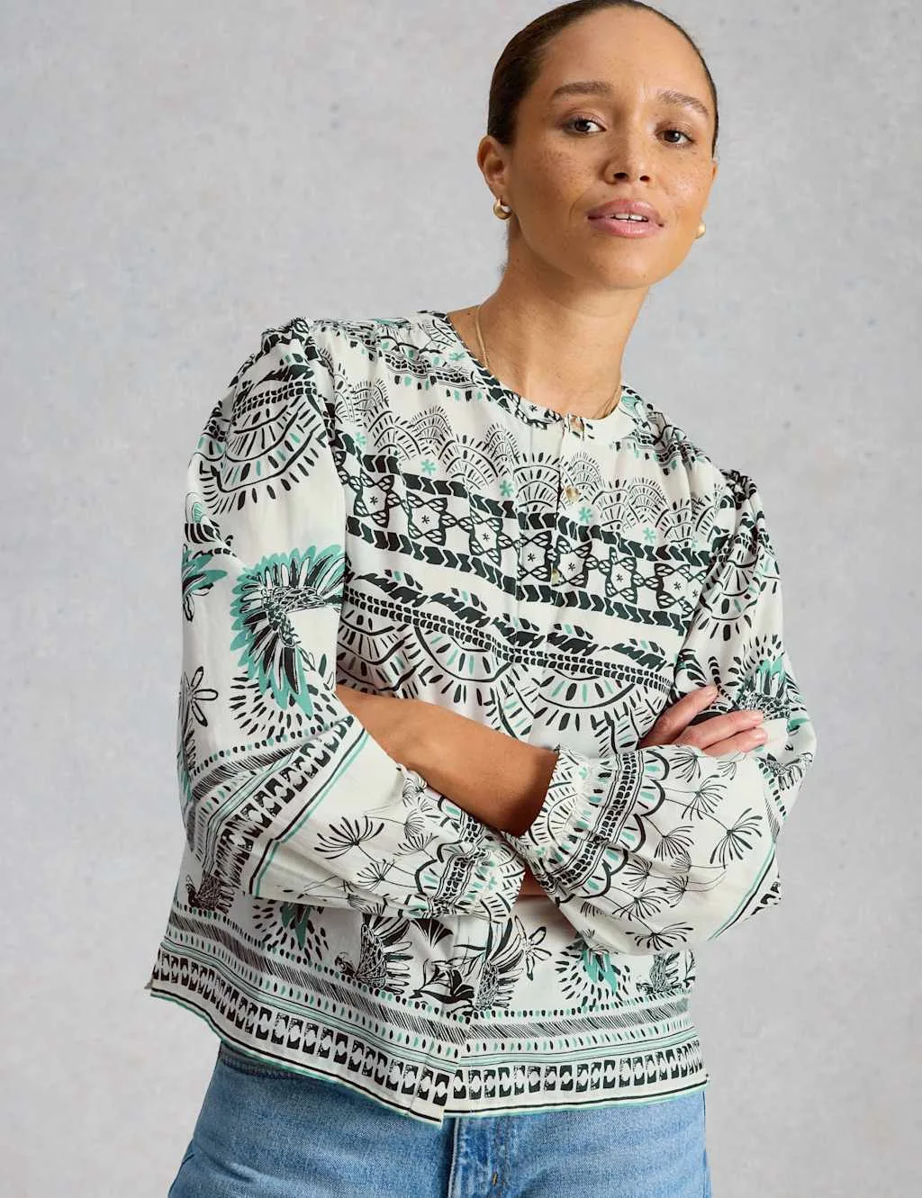 Pure Cotton Printed Puff Sleeve Blouse White Mix female - White stuff - FashionsVida