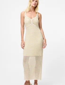 Womens Cream Cotton Stripe Ruched Chest Braided Straps Midi Dress - Size Small - French connection - FashionsVida
