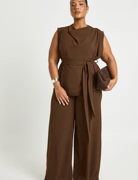 Womens Plus Woven Cowl Belted Trouser Co-Ord - Chocolate - Size 18 Uk - Boohoo - FashionsVida