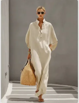 Women's Linen Maxi Dress Casual Oversized Button Down Kaftan Robe Summer Beach Vacation Long Loose Shift Dress Vestidos De Mujer - Aliexpress - FashionsVida