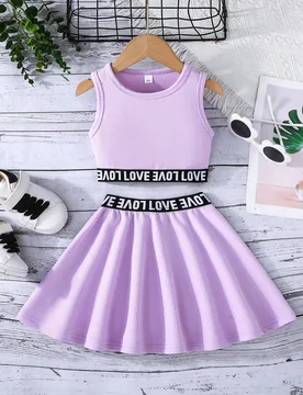 Set de 2 piezas de top sin mangas y falda de línea A con estampado de amor de verano para niñas jóvenes - Shein - FashionsVida