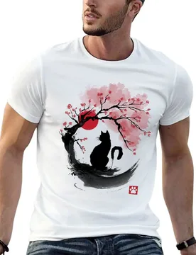 Sakura cat sumi e T-Shirt Soft Anti-Shrink Cotton Tee - Aliexpress - FashionsVida