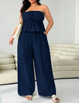 Conjunto de 2 piezas para mujer talla grande, camisola de algodón y lino azul marino adecuada para vacaciones, conjunto de dos piezas talla grande, a - Shein - FashionsVida