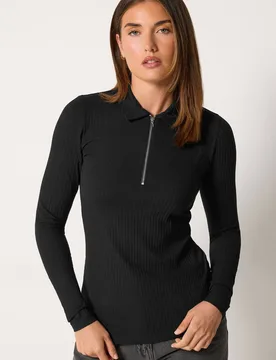 Women's Tall Quarter Zip Ribbed Top in Black Size: 8 - Black - Size: 8 - Long tall sally - FashionsVida
