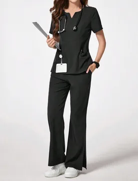 Conjunto de uniforme de enfermería de unicolor con top de manga corta y pantalones largos, uniforme de trabajo y escuela, negro, otoño, uniforme de - Shein - FashionsVida