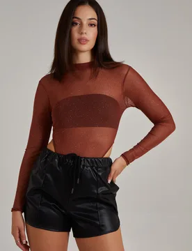 Womens Glitter Long Sleeve Bodysuit - Chocolate - Size 10 Uk - Pink Vanilla - FashionsVida