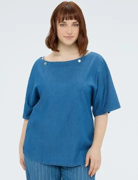 Blusa de mujer con escote barco en tencel cadenitas decorativas en el escote - Fiorella Rubino - FashionsVida