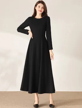 Autumn Winter New round Neck Long Sleeve Woolen Dress plus Size Slimming Elegant Solid Color Full Skirt Long Gown for Women2026 - Aliexpress - FashionsVida