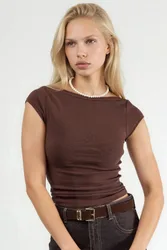 Womens Slim Fit Boat Neck Blouse - Brown - Size Small