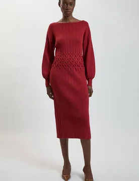 Women's Ribbed Knit Power Shoulder Dress With Manipulated Stitch Detail in Red Size: Small - Red - Size: S - Karen millen - FashionsVida