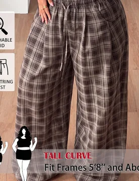 Pantalones de pierna ancha casuales y versátiles de cuadros para mujer talla grande para uso diario en otoño Alto 3XL - Shein - FashionsVida