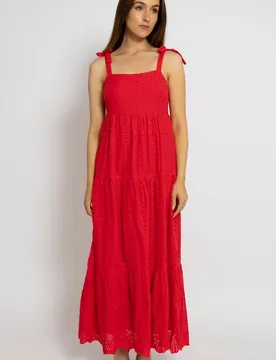 Women's Breezy Red Tiered Sundress With Tie Straps Size: Small - Red - Size: S - Cutie London - FashionsVida