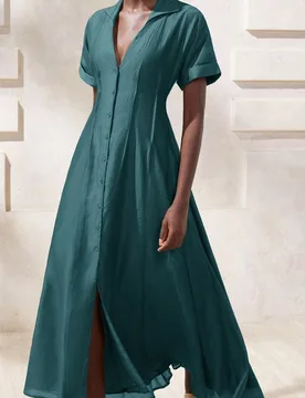 Vestido largo con diseño de cintura ceñida en azul petróleo oscuro, mangas de mariposa, vestido camisero con cuello, mangas cortas con puño enroll - Shein - FashionsVida