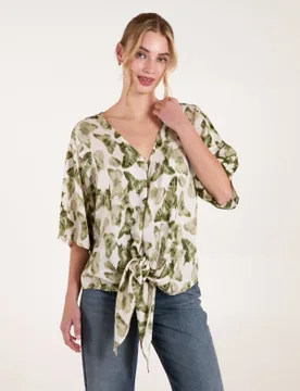 Tie Front Watercolour Butterfly Printed Top - S/M / GREEN - female - Blue Vanilla - FashionsVida