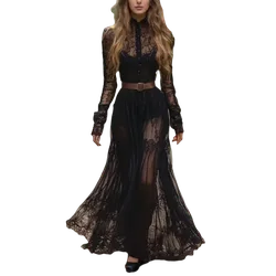 Gothic Black Lace Maxi Dress - Vintage Sheer Long Sleeve Prom Gown - Dark Romantic Boho Witchy Evening Dress